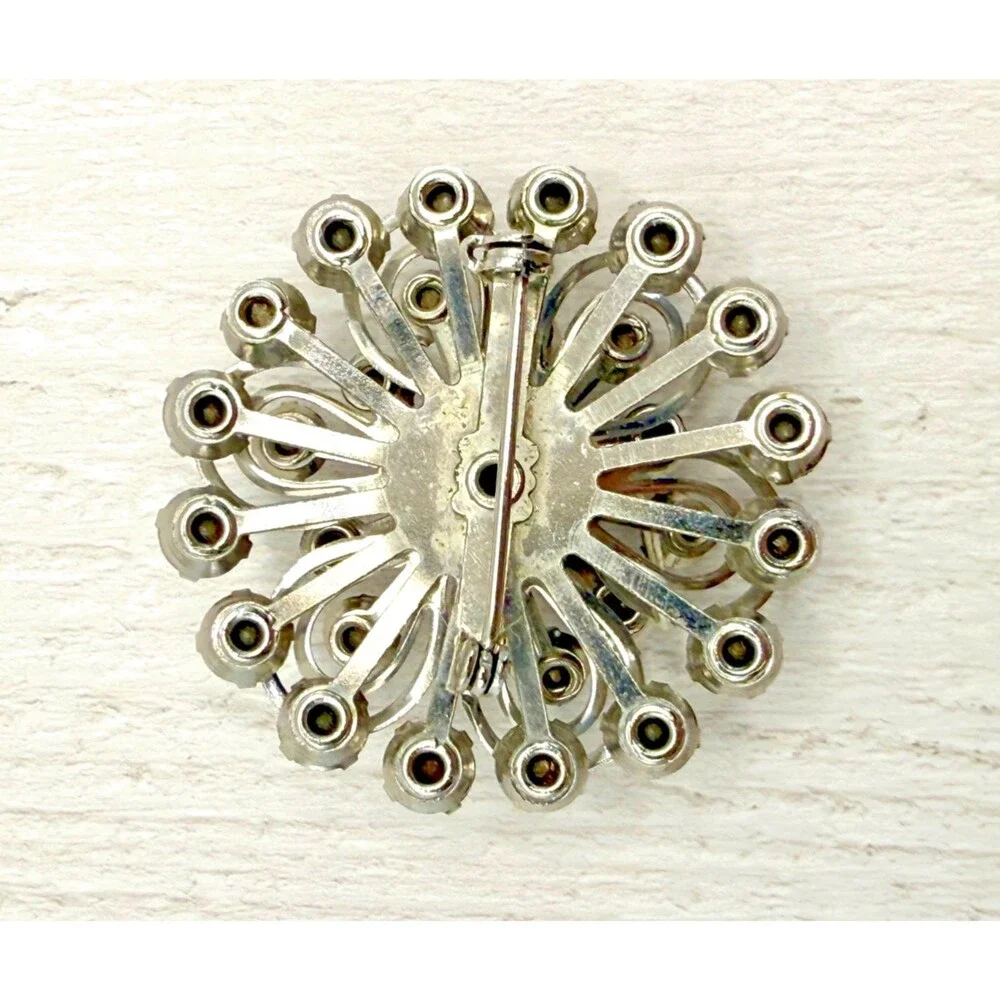 Vintage 1950s Rhinestone‎ Starburst Brooch Silver Tone Floral MCM Pin Crystal